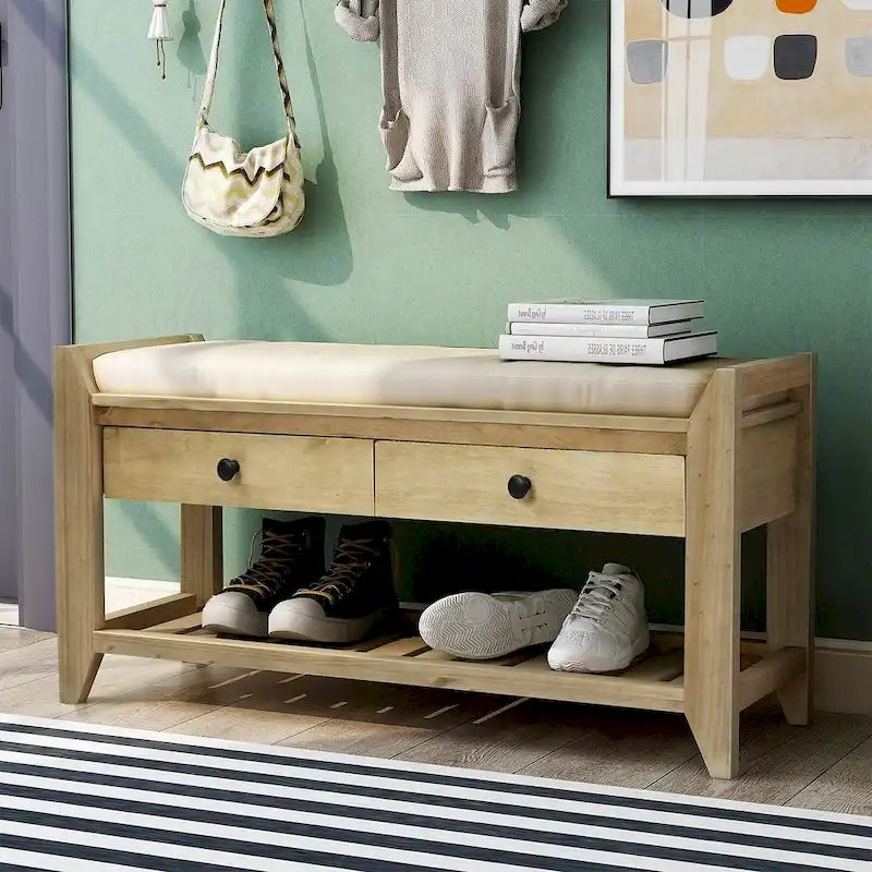 39" Upholstered Storage Bench with 2 Drawers and Shoe Rack