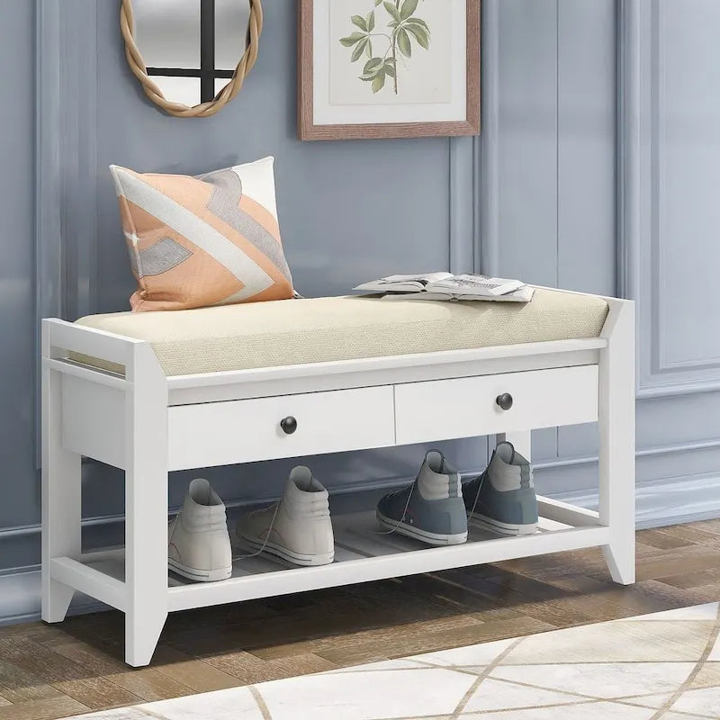 39" Upholstered Storage Bench with 2 Drawers and Shoe Rack