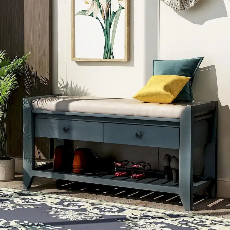 39" Upholstered Storage Bench with 2 Drawers and Shoe Rack