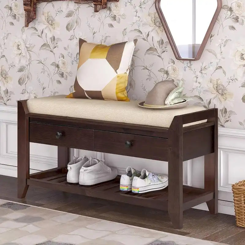 39" Upholstered Storage Bench with 2 Drawers and Shoe Rack