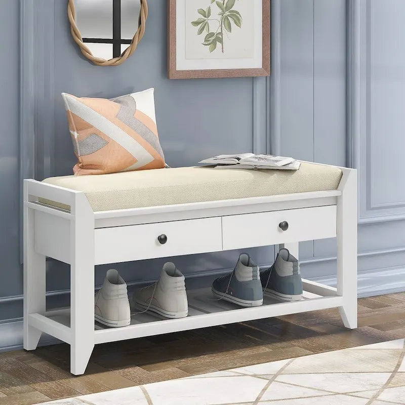 39" Upholstered Storage Bench with 2 Drawers and Shoe Rack