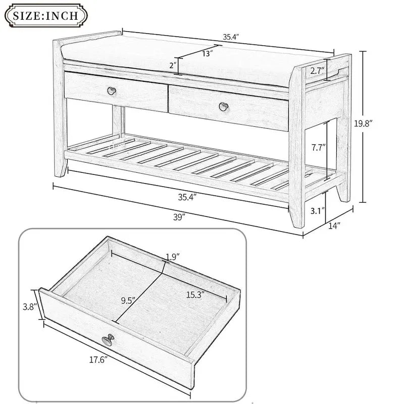 39" Upholstered Storage Bench with 2 Drawers and Shoe Rack