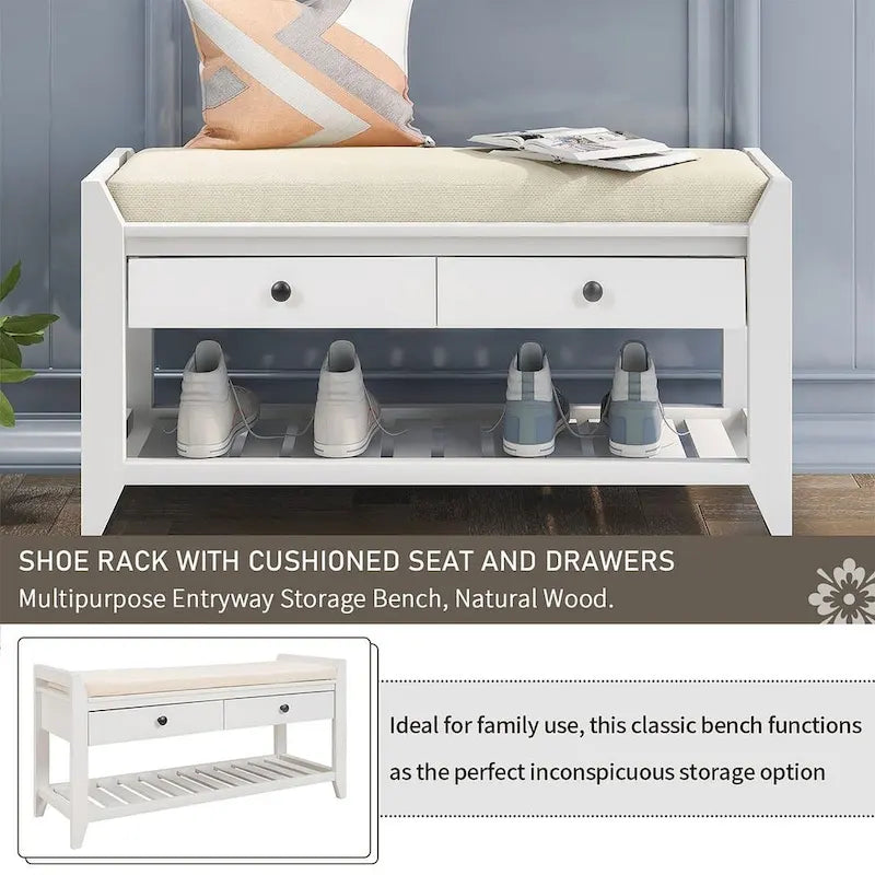 39" Upholstered Storage Bench with 2 Drawers and Shoe Rack