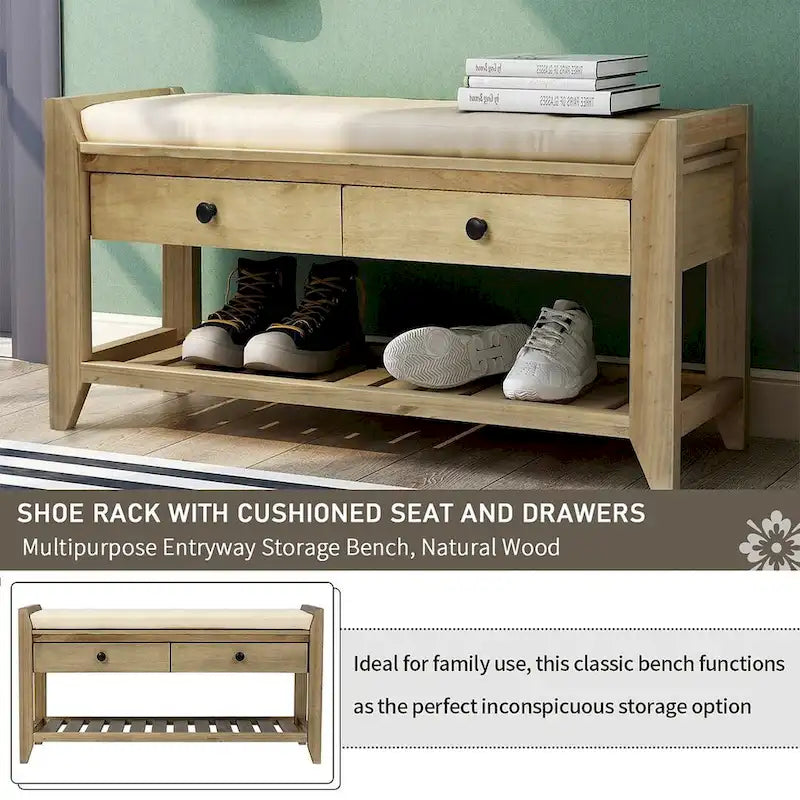 39" Upholstered Storage Bench with 2 Drawers and Shoe Rack