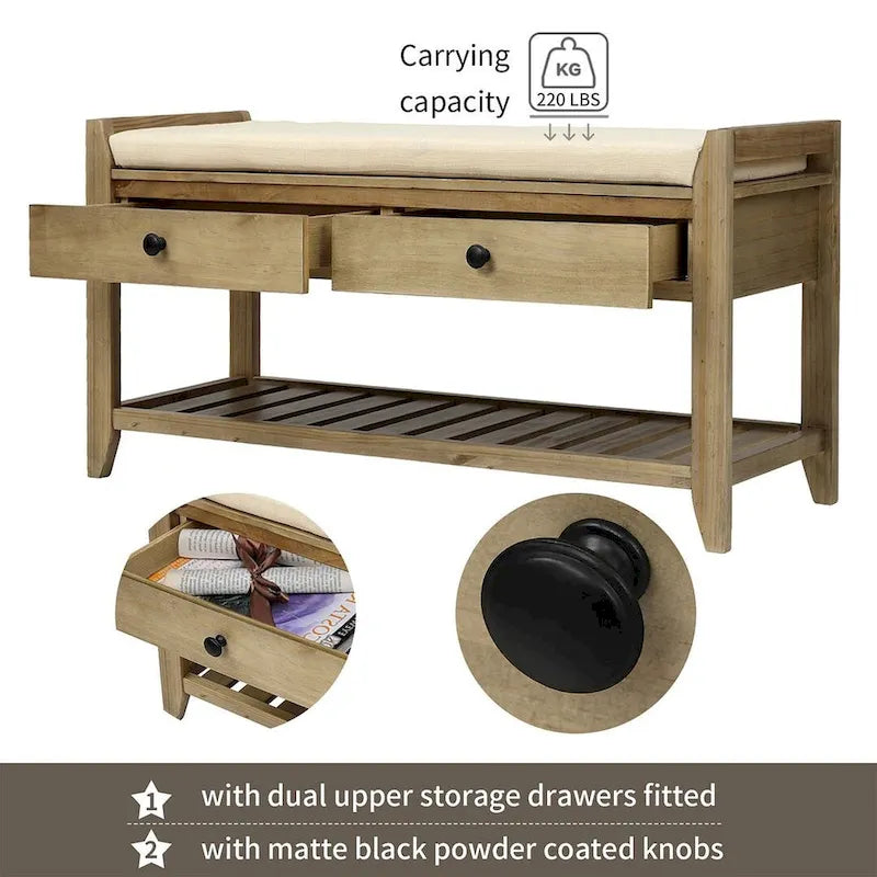 39" Upholstered Storage Bench with 2 Drawers and Shoe Rack