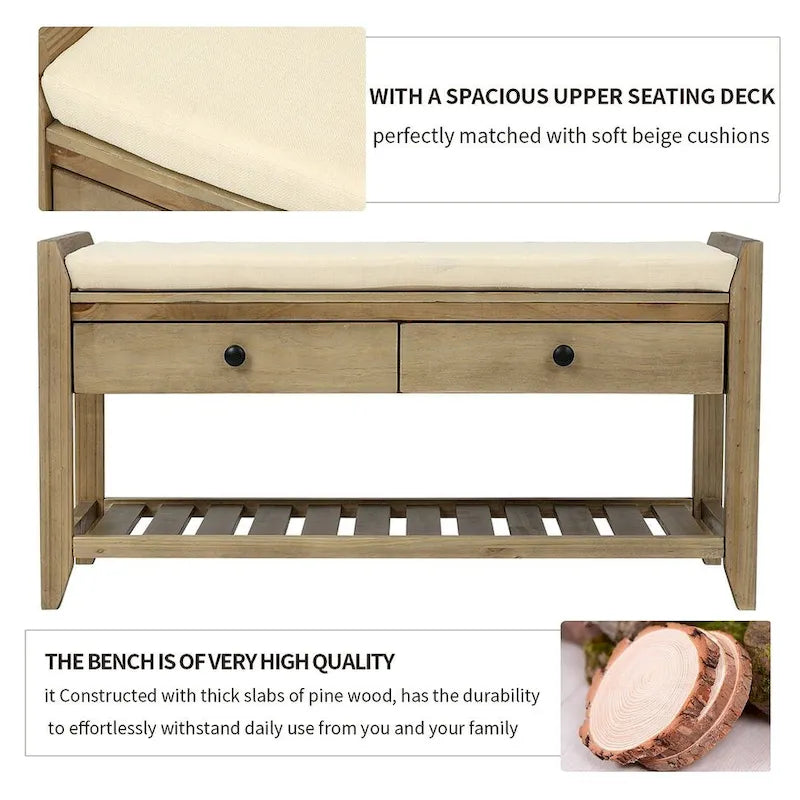 39" Upholstered Storage Bench with 2 Drawers and Shoe Rack