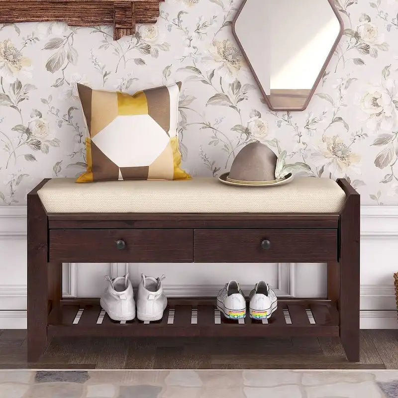39" Upholstered Storage Bench with 2 Drawers and Shoe Rack