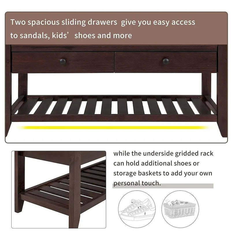 39" Upholstered Storage Bench with 2 Drawers and Shoe Rack
