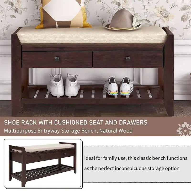 39" Upholstered Storage Bench with 2 Drawers and Shoe Rack