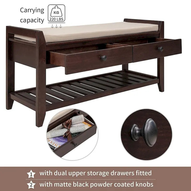 39" Upholstered Storage Bench with 2 Drawers and Shoe Rack
