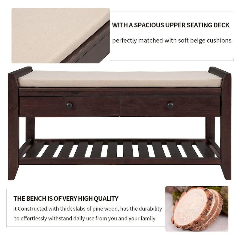 39" Upholstered Storage Bench with 2 Drawers and Shoe Rack