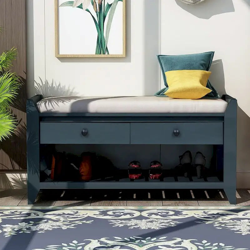 39" Upholstered Storage Bench with 2 Drawers and Shoe Rack