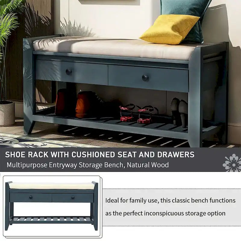 39" Upholstered Storage Bench with 2 Drawers and Shoe Rack
