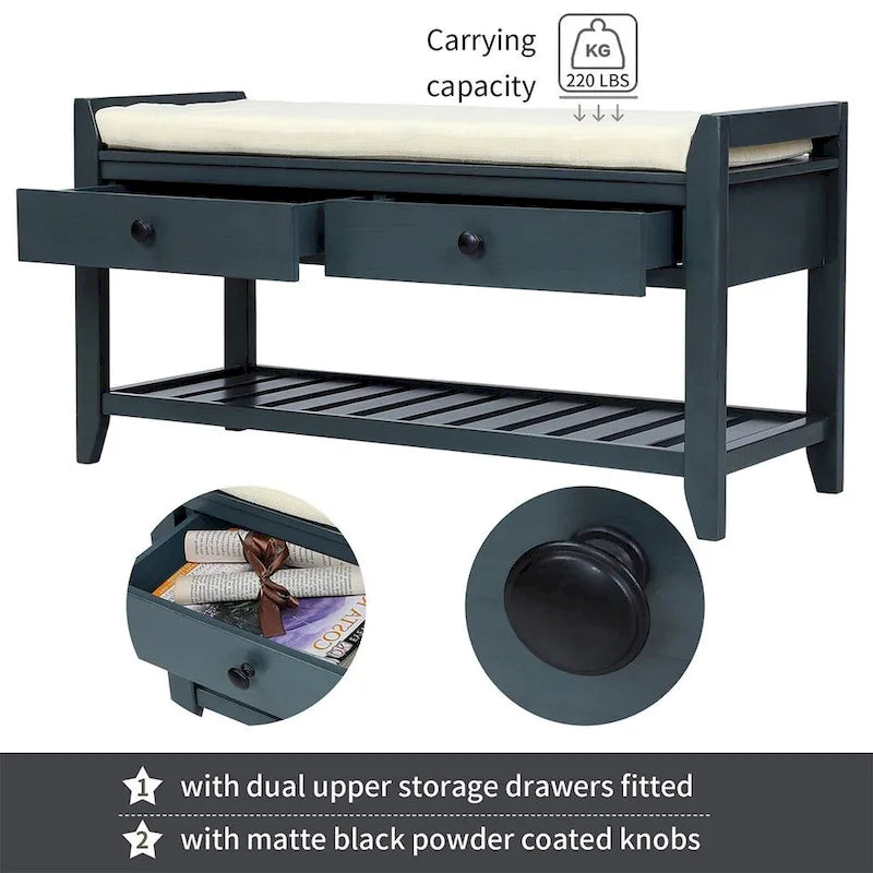 39" Upholstered Storage Bench with 2 Drawers and Shoe Rack
