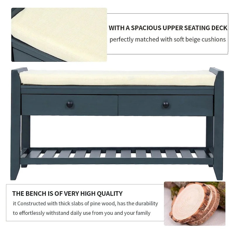 39" Upholstered Storage Bench with 2 Drawers and Shoe Rack