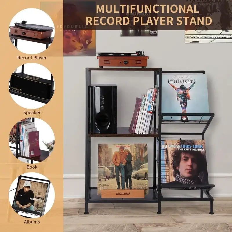 3-Tier Record Player Stand with Side Vinyl Display Holders