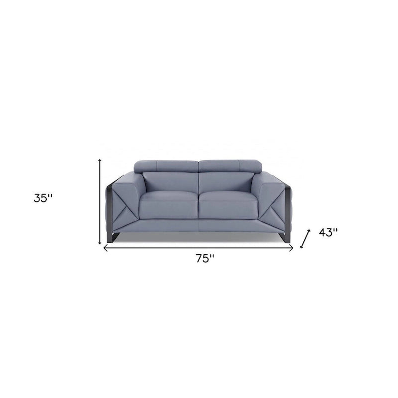 75-Inch Light Blue and Black Italian Leather Loveseat