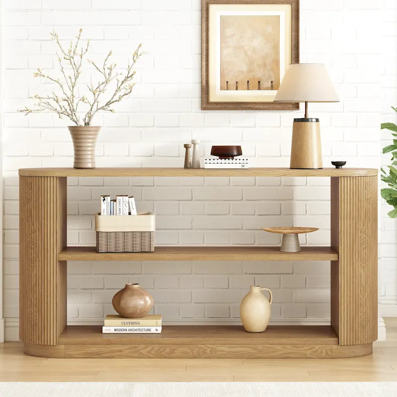 3-Tier Console Table with Fluted Wood Veneer and Open Shelves