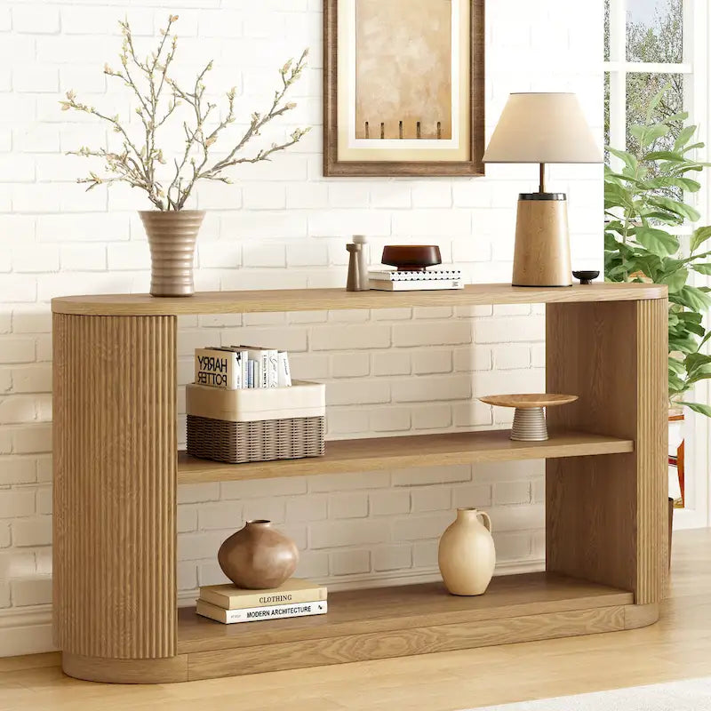 3-Tier Console Table with Fluted Wood Veneer and Open Shelves