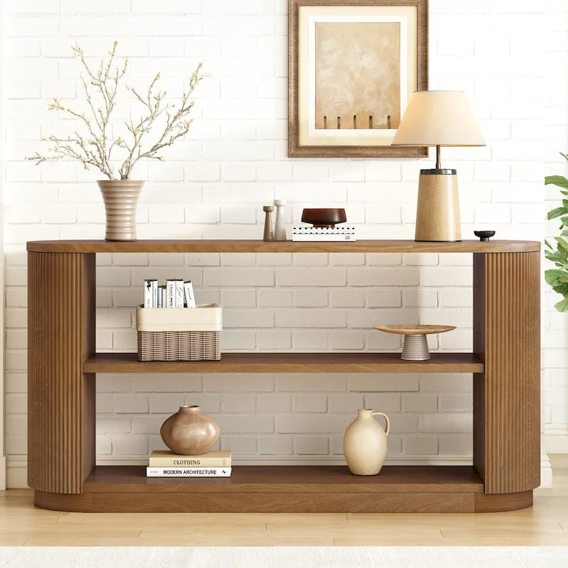 3-Tier Console Table with Fluted Wood Veneer and Open Shelves