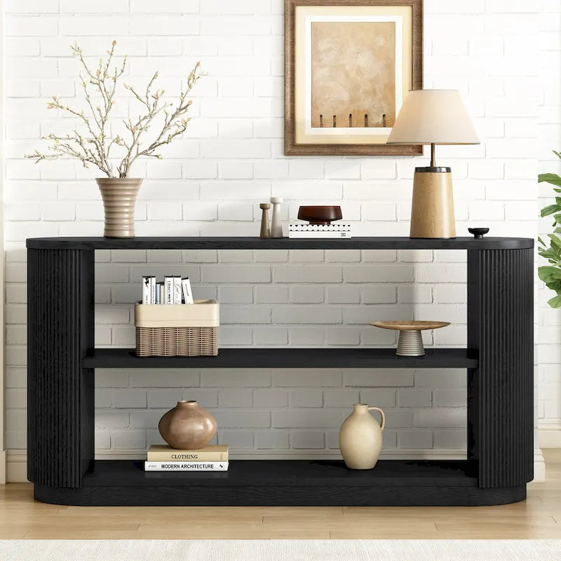 3-Tier Console Table with Fluted Wood Veneer and Open Shelves