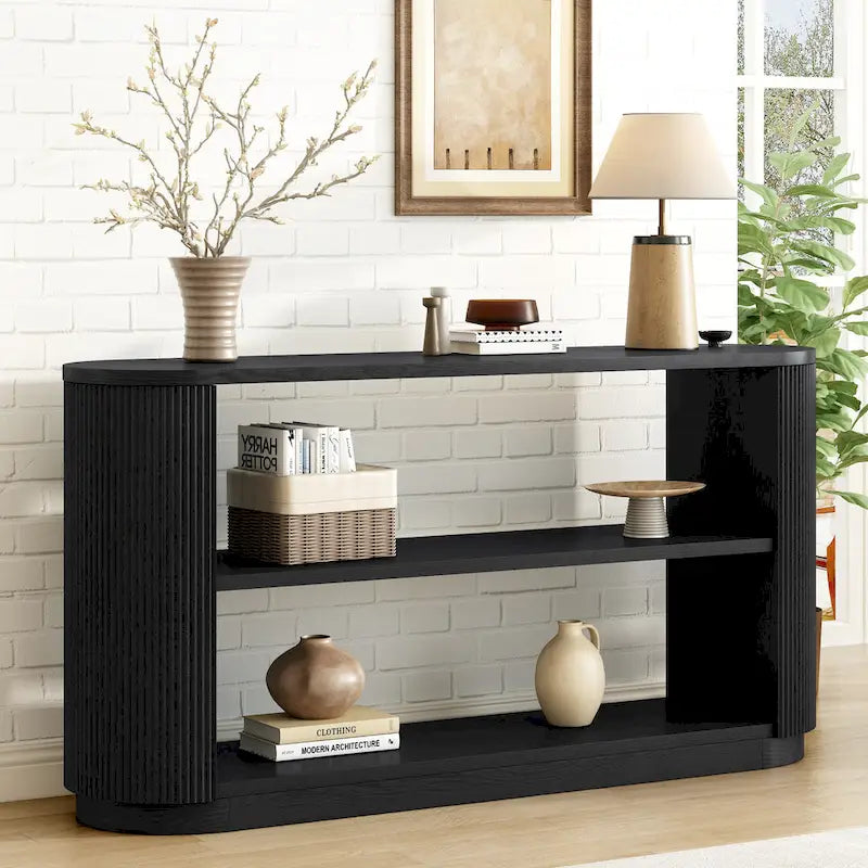 3-Tier Console Table with Fluted Wood Veneer and Open Shelves