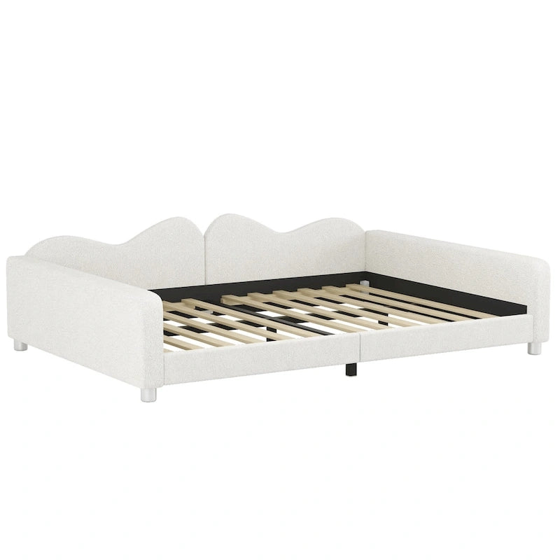 Full Size Upholstered Daybed with Cloud-Shaped Backrest, Sherpa Fabric, No Box Spring Required