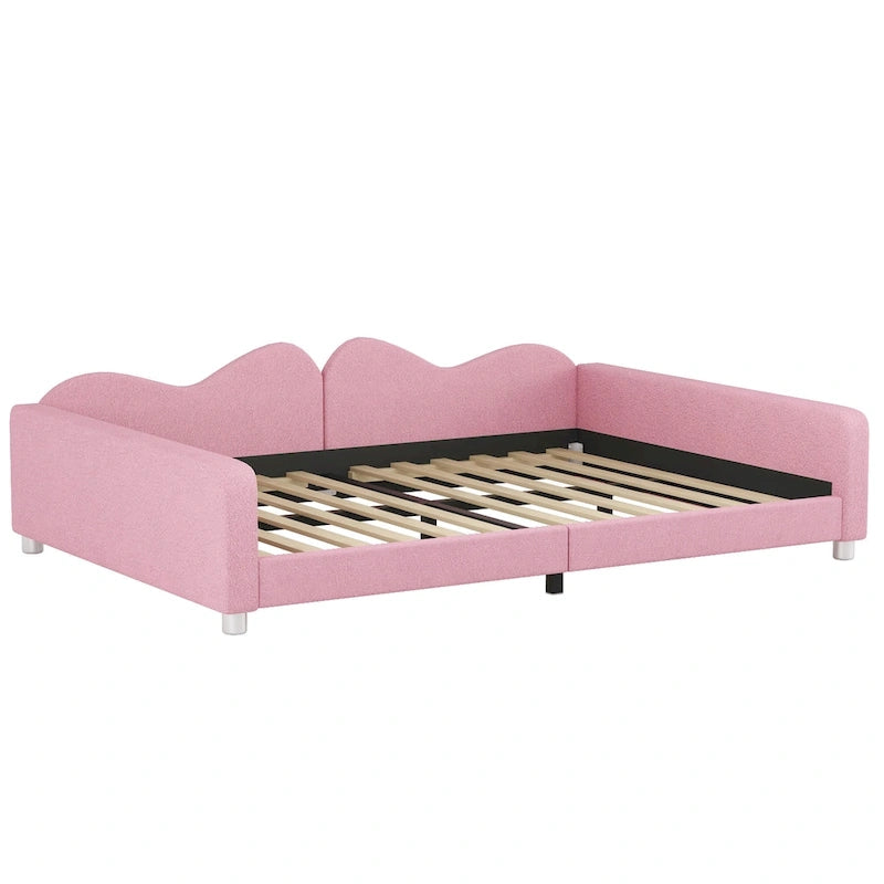 Full Size Upholstered Daybed with Cloud-Shaped Backrest, Sherpa Fabric, No Box Spring Required