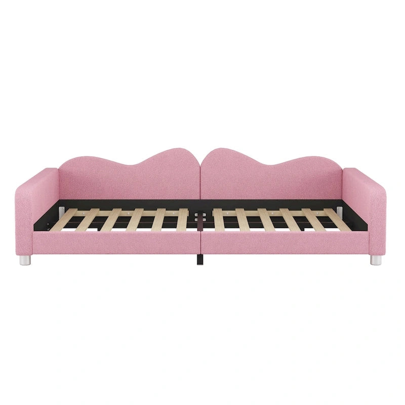 Full Size Upholstered Daybed with Cloud-Shaped Backrest, Sherpa Fabric, No Box Spring Required