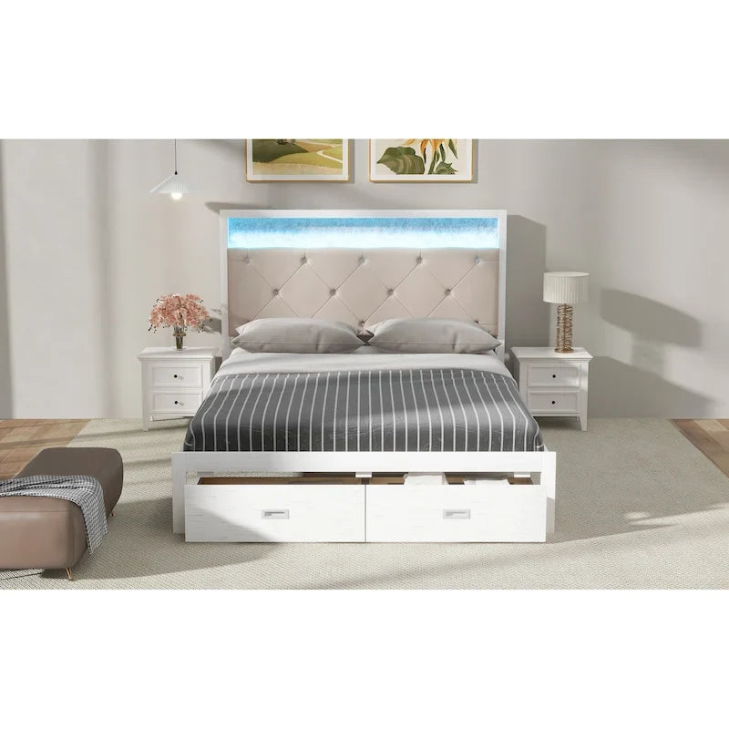 Queen Size Platform Bed with Upholstered Headboard, LED and 2 Drawers