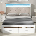 Queen Size Platform Bed with Upholstered Headboard, LED and 2 Drawers