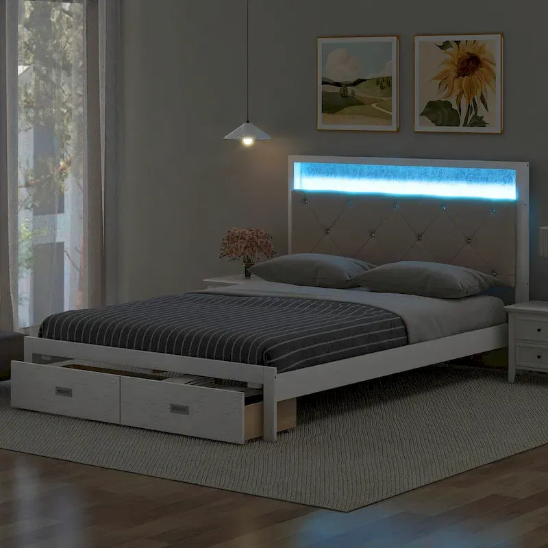 Queen Size Platform Bed with Upholstered Headboard, LED and 2 Drawers