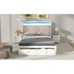 Queen Size Platform Bed with Upholstered Headboard, LED and 2 Drawers