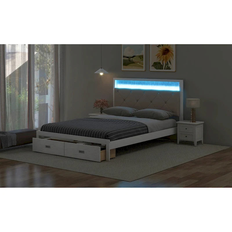 Queen Size Platform Bed with Upholstered Headboard, LED and 2 Drawers