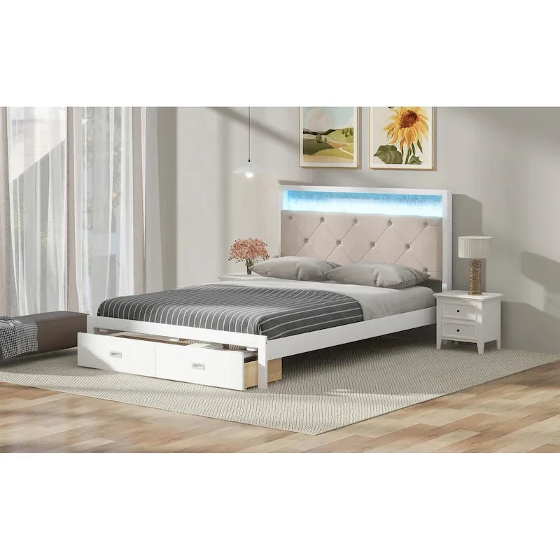 Queen Size Platform Bed with Upholstered Headboard, LED and 2 Drawers