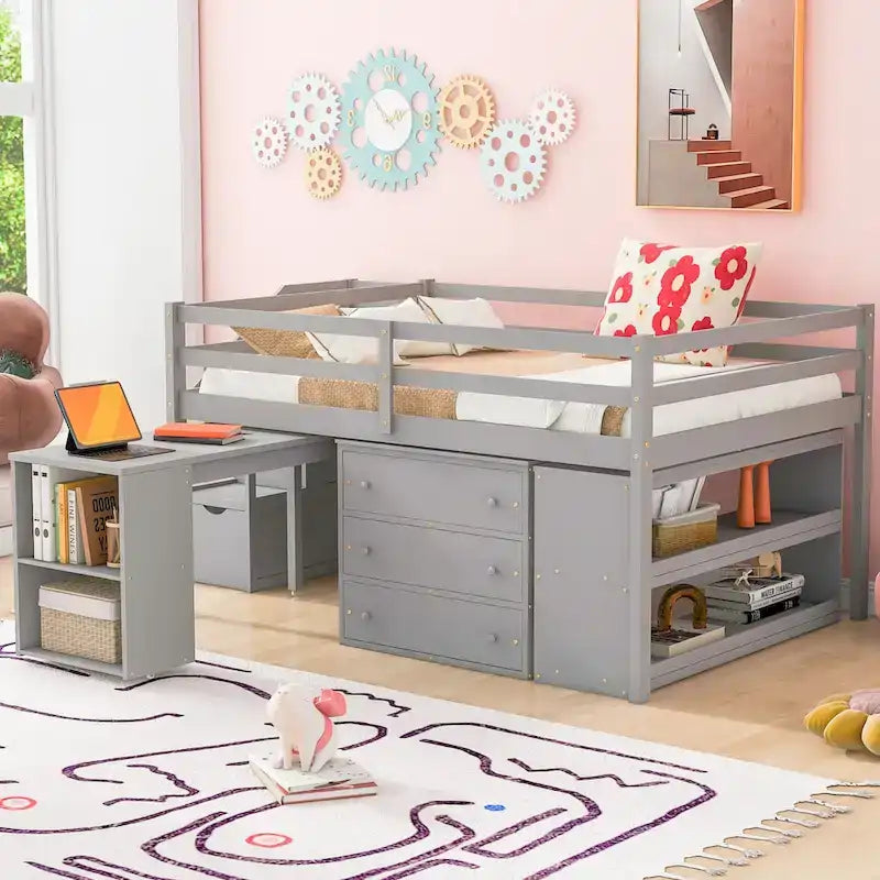 Full Size Loft Bed with Retractable Desk, 3 Drawers, Storage Stairs and Shelves