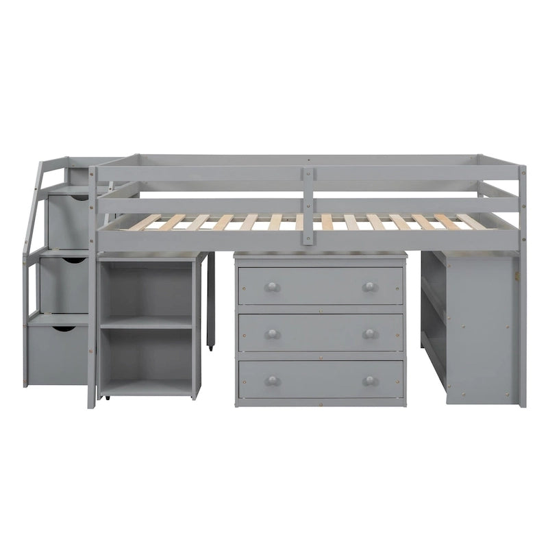 Full Size Loft Bed with Retractable Desk, 3 Drawers, Storage Stairs and Shelves