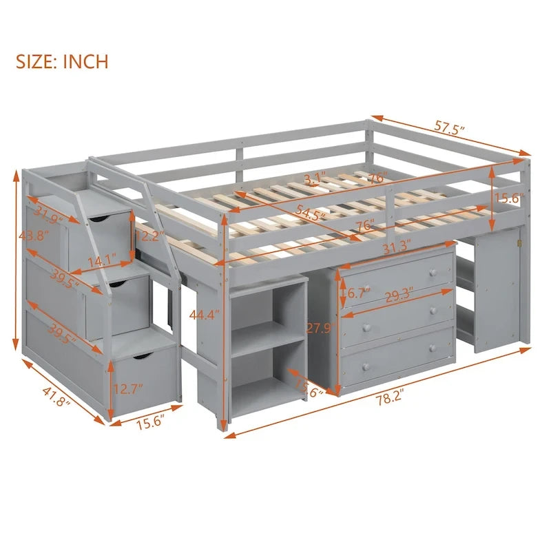 Full Size Loft Bed with Retractable Desk, 3 Drawers, Storage Stairs and Shelves