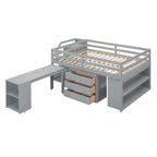 Full Size Loft Bed with Retractable Desk, 3 Drawers, Storage Stairs and Shelves