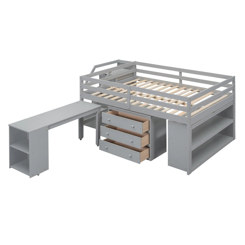 Full Size Loft Bed with Retractable Desk, 3 Drawers, Storage Stairs and Shelves