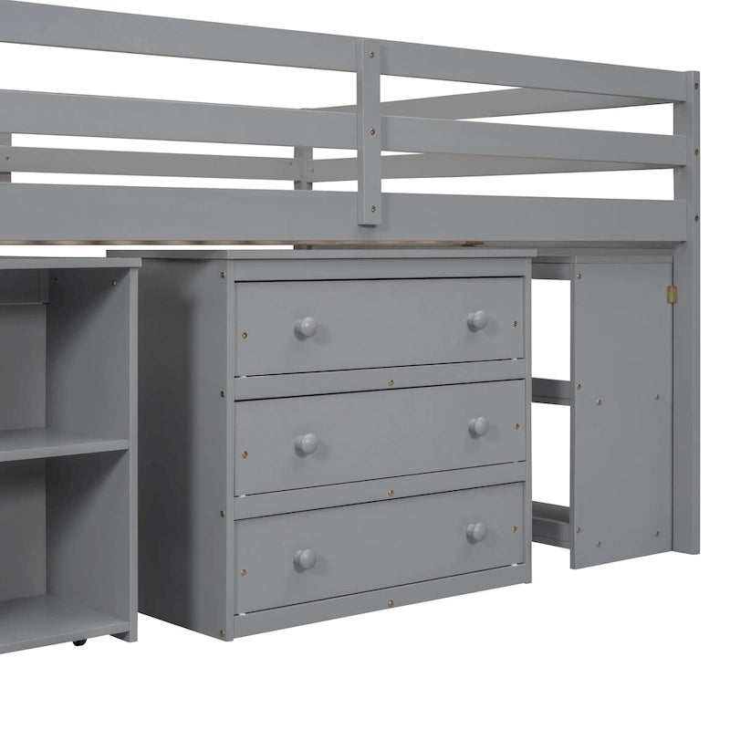 Full Size Loft Bed with Retractable Desk, 3 Drawers, Storage Stairs and Shelves