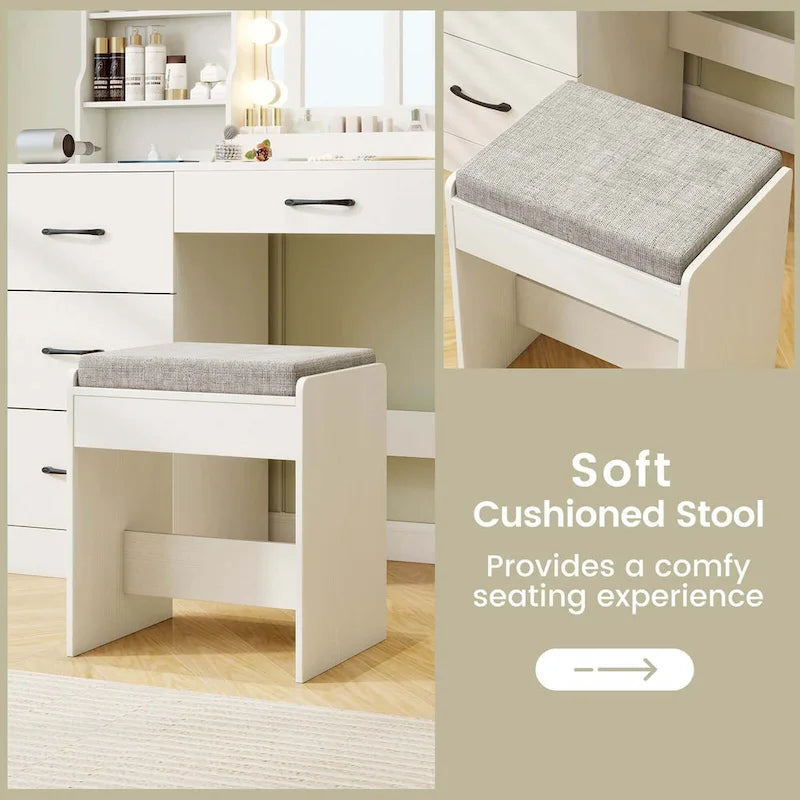 Vanity Set with LED Mirror and Lights, Dressing Table and Cushioned Stool