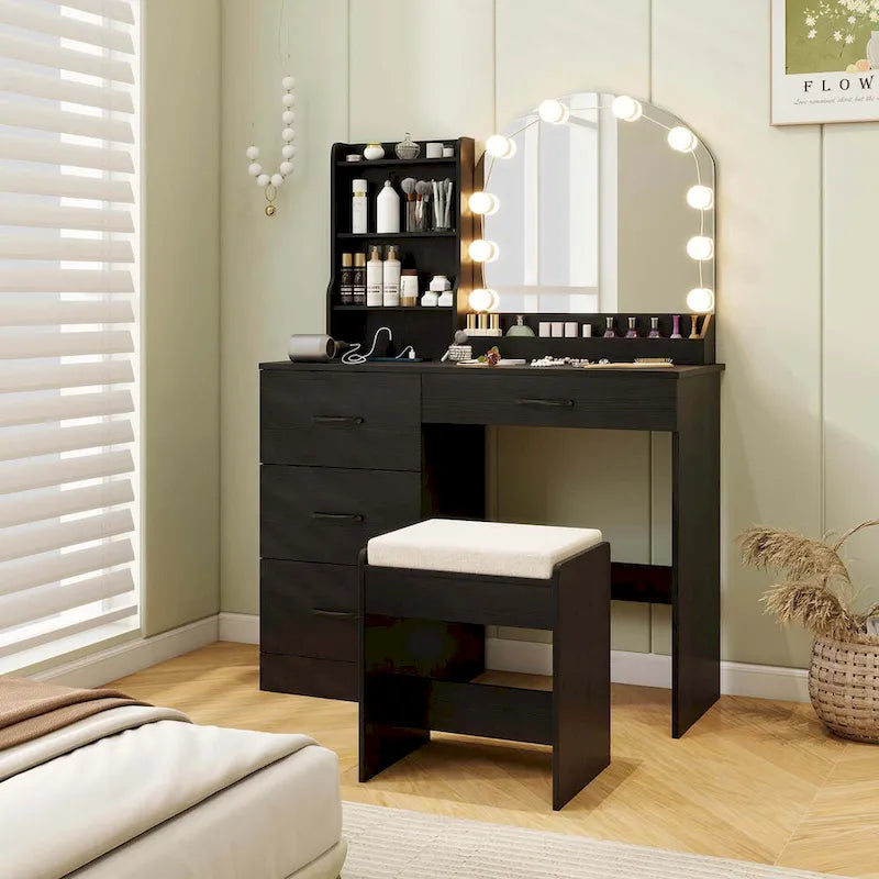 Vanity Set with LED Mirror and Lights, Dressing Table and Cushioned Stool