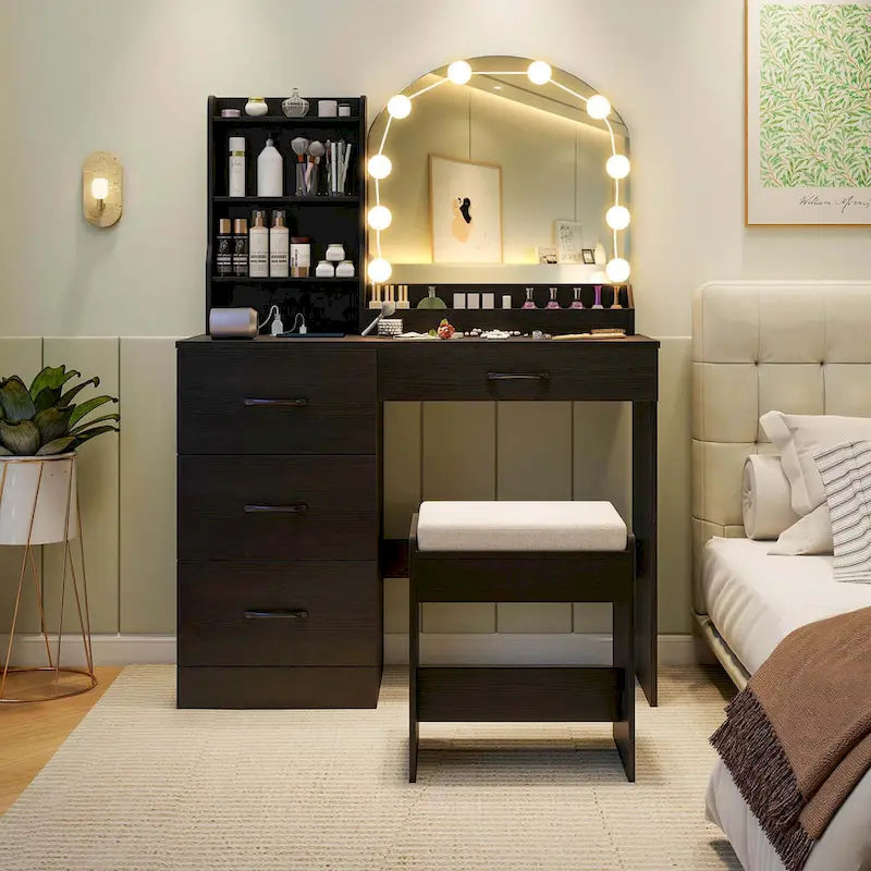 Vanity Set with LED Mirror and Lights, Dressing Table and Cushioned Stool