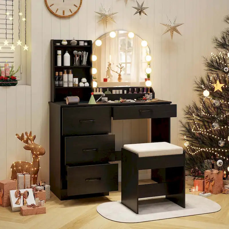 Vanity Set with LED Mirror and Lights, Dressing Table and Cushioned Stool