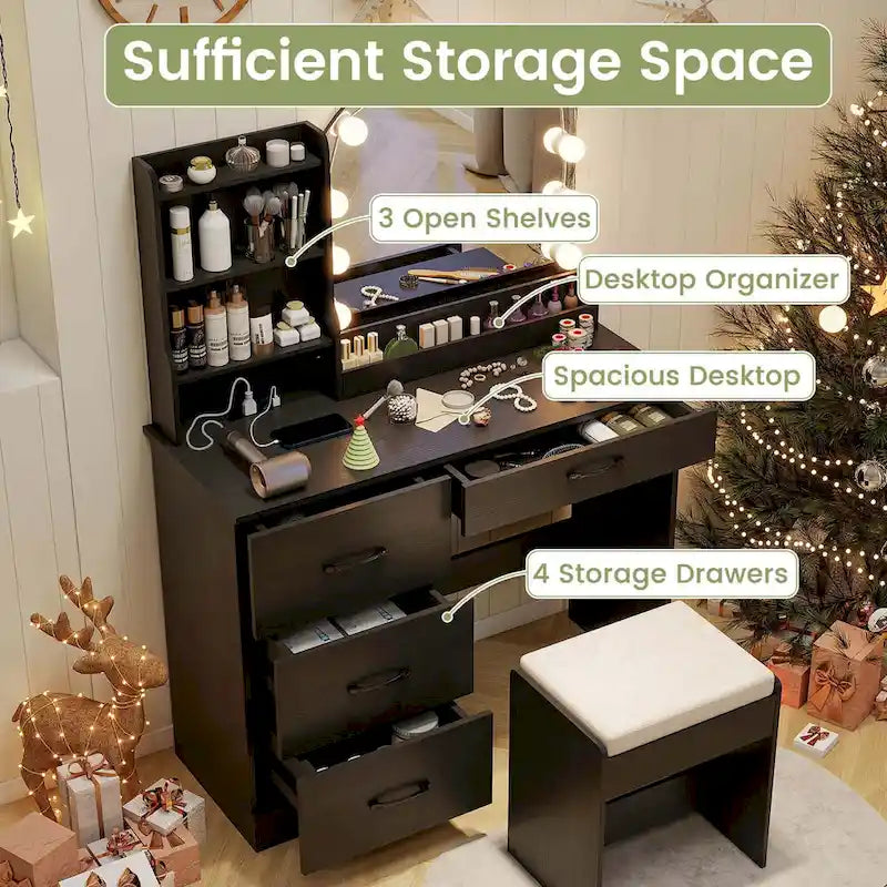 Vanity Set with LED Mirror and Lights, Dressing Table and Cushioned Stool