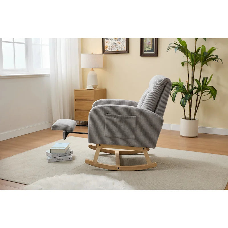 Upholstered Rocking Chair with Solid Wood Base and Side Pocket
