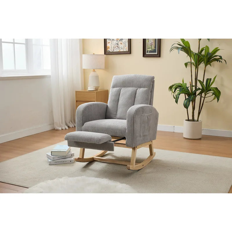 Upholstered Rocking Chair with Solid Wood Base and Side Pocket