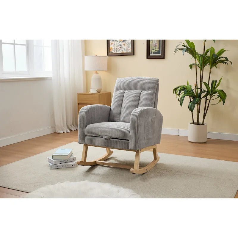 Upholstered Rocking Chair with Solid Wood Base and Side Pocket