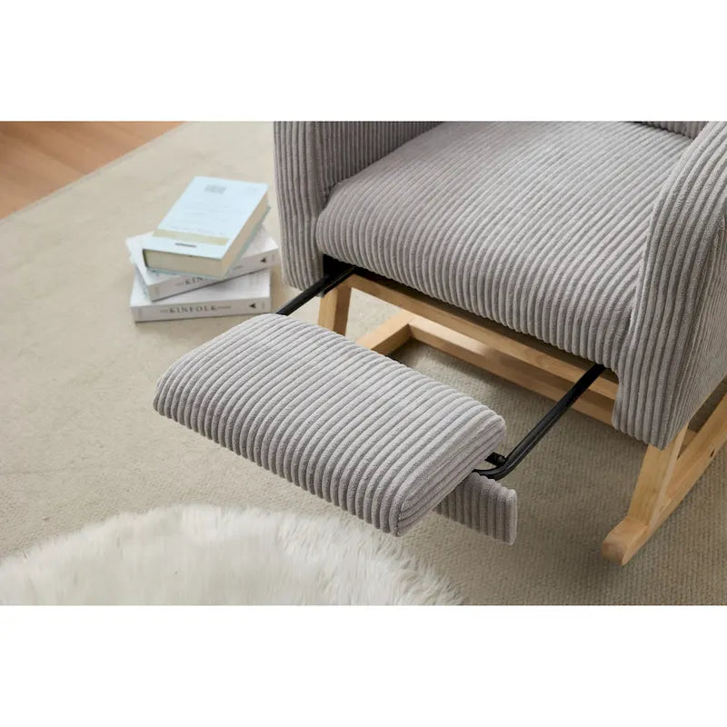 Upholstered Rocking Chair with Solid Wood Base and Side Pocket